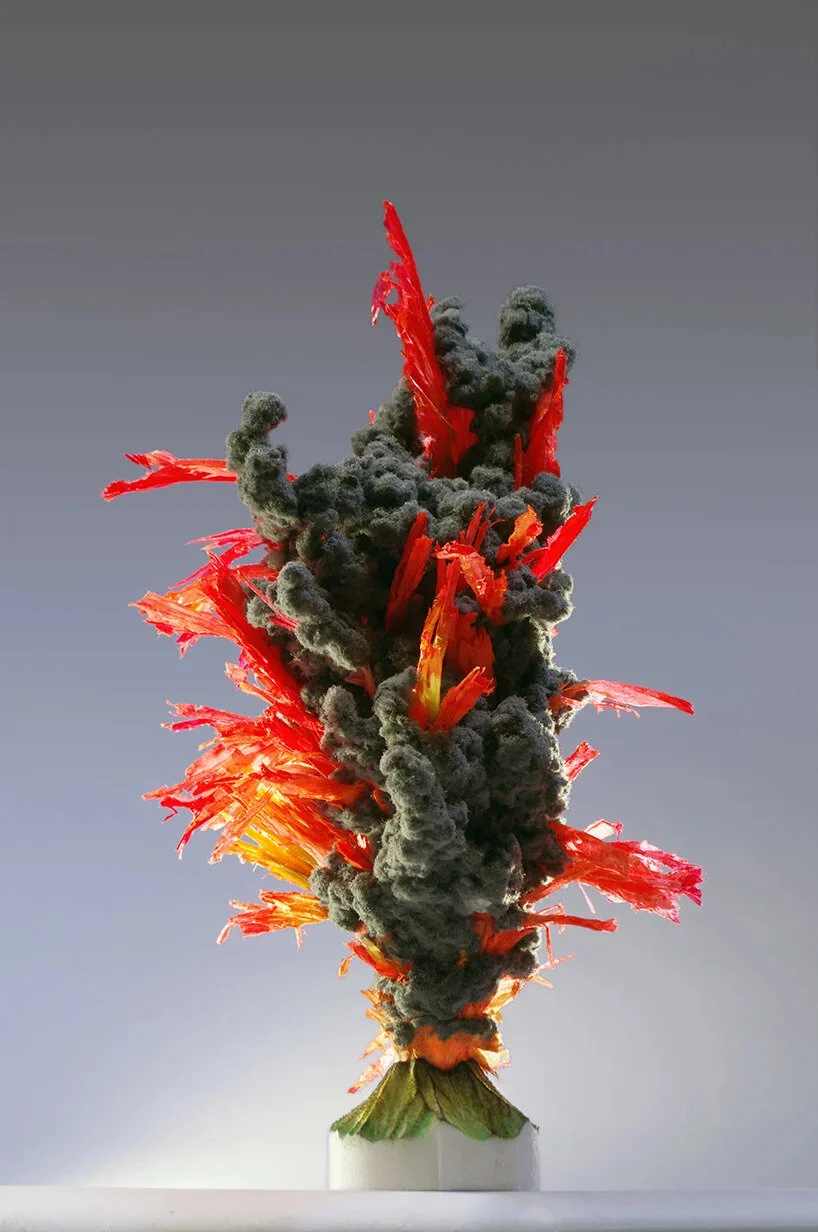 Toilet Paper Diary Volcano #18: An explosion of figures and curves. smoke screen., 2020 toilet paper roll, polyester pelon depilation strip roll (volcano), paper towels, toilet paper pulp, inks, pigments, graphite, fixative | 18h x 5 inches (diamete…