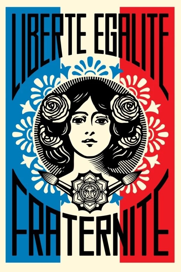 Obey (Shepard Fairey) . Liberté Egalité Fraternité, 2019.Offset lithograph on thick cream Speckle Tone paper. Signed by Shepard Fairey. 24 x 36 inches (61 x 91,4 cm). Courtesy The Strip Gallery