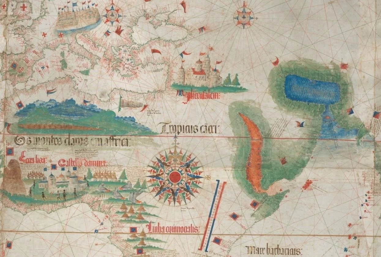 Mappa del cantino (particolare) , Fondo cartografico, segnatura C.G.A.2. Acquisita da Ercole I d'Este nel 1502. Tecnica: pergamena dipinta Orientamento: Nord. Realizzata da Alberto Cantino, "oratore" inviato da Ercole I in Portogallo. E’ considerata…