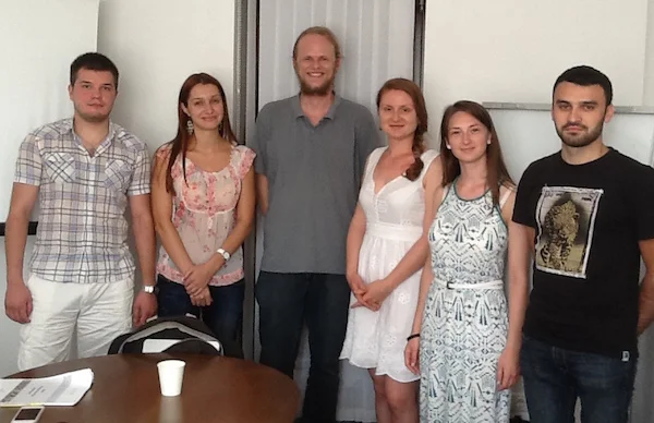 DJ Healy, Centro's Entrepreneurship Program Manager with aspiring small business entrepreneurs in Moldova.