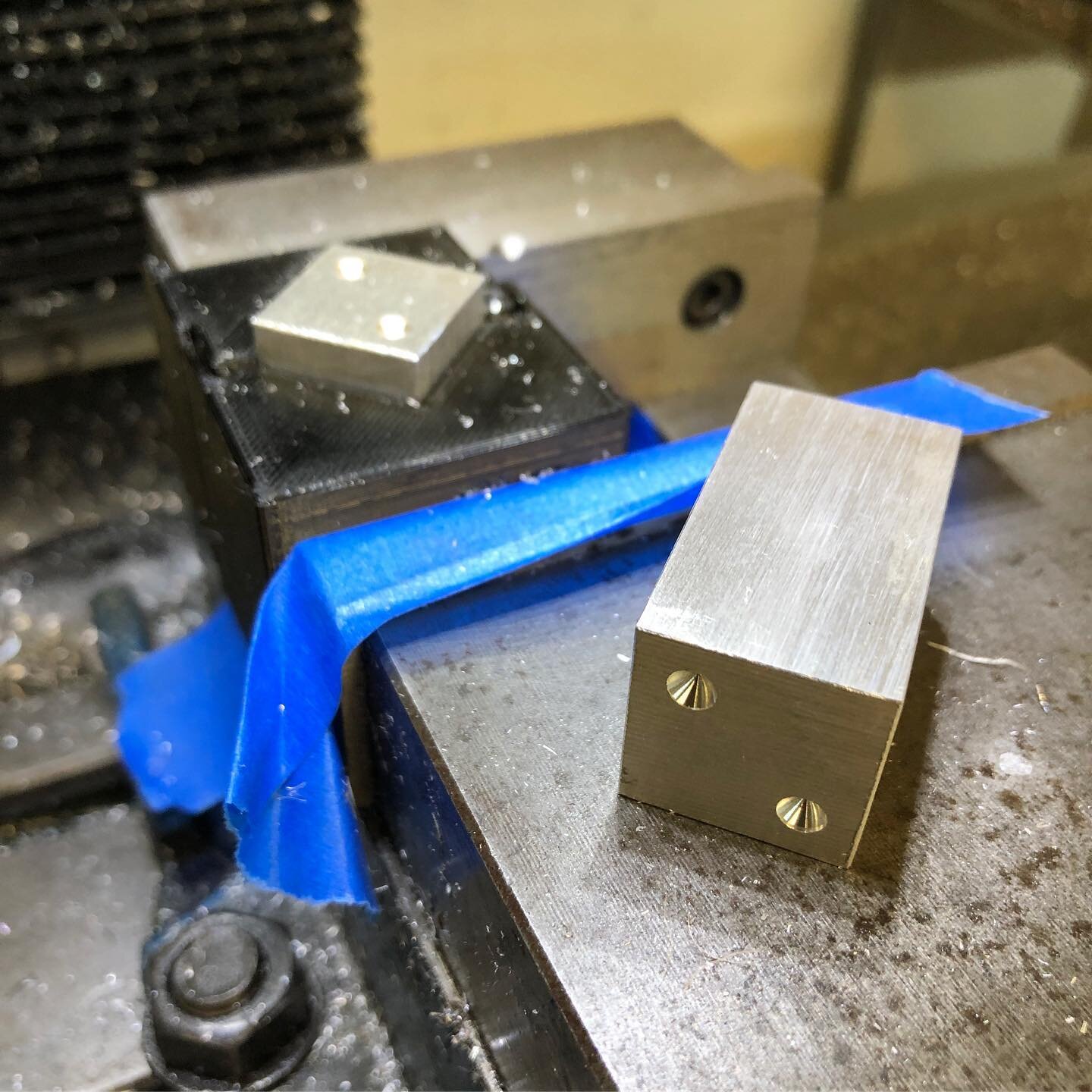 We needed to drill these slugs on the diamond exactly the same each time through 1 1/2&rdquo; material. We 3D printed an alignment jig with a hole 1/2&rdquo; from drill center for placement. We spot drilled each hole flipped the piece and spot drille
