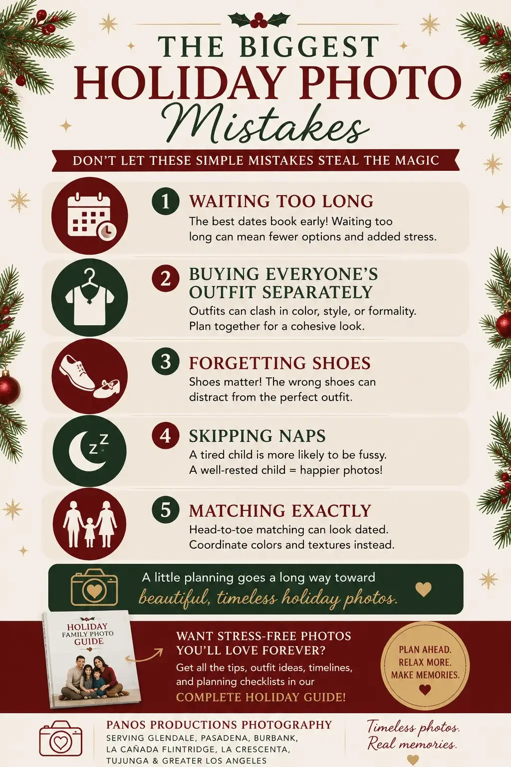 Infographic listing five family holiday photo mistakes: booking too late, purchasing outfits separately, forgetting shoes, skipping children’s naps and dressing everyone in exactly matching clothes.