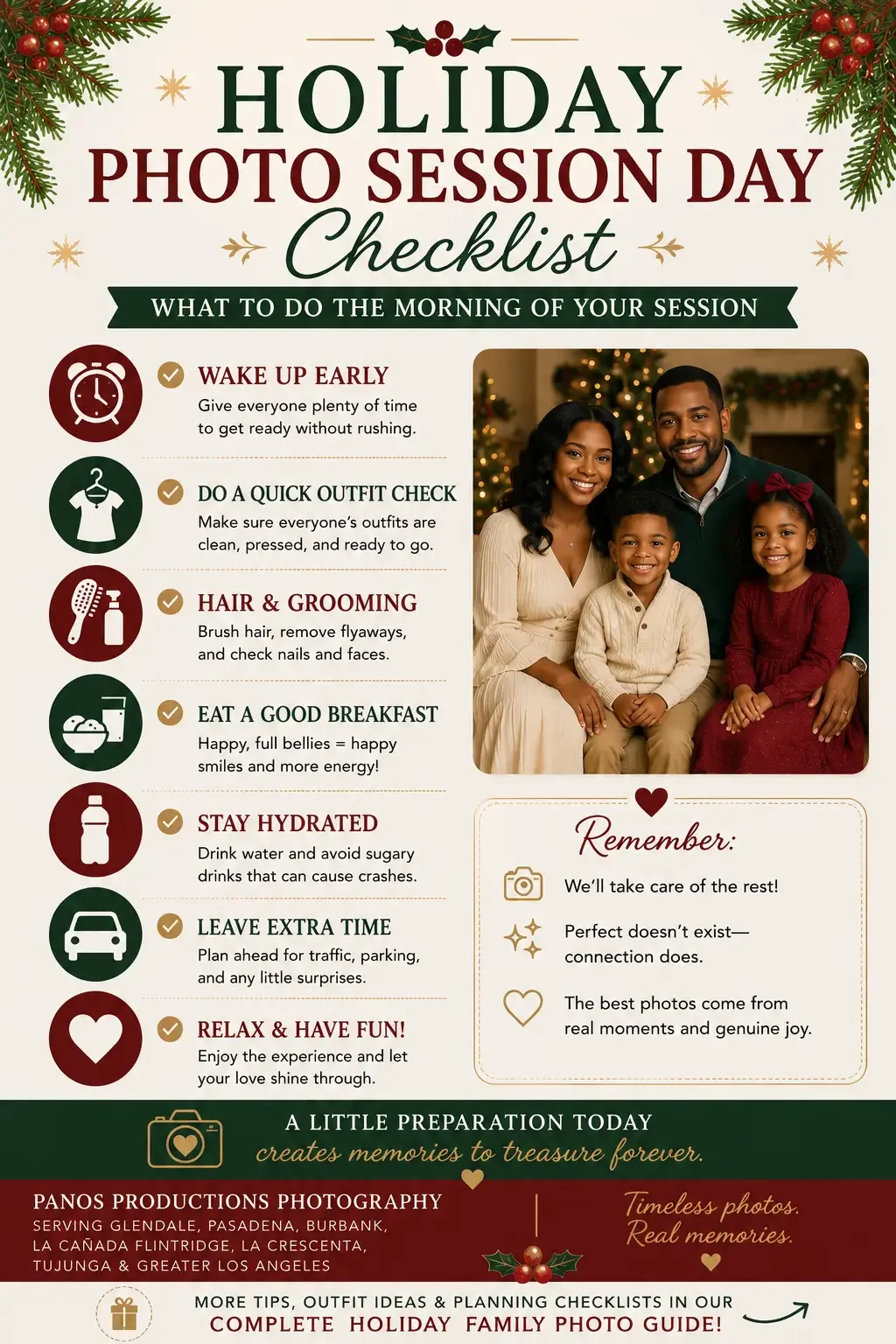 Holiday photo session day checklist recommending families wake up early, check outfits and grooming, eat breakfast, stay hydrated, allow extra travel time, relax and have fun.