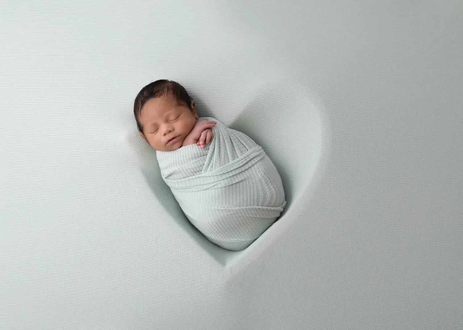  Newborn boy in monotone sage image with heart bowl silhouette. 