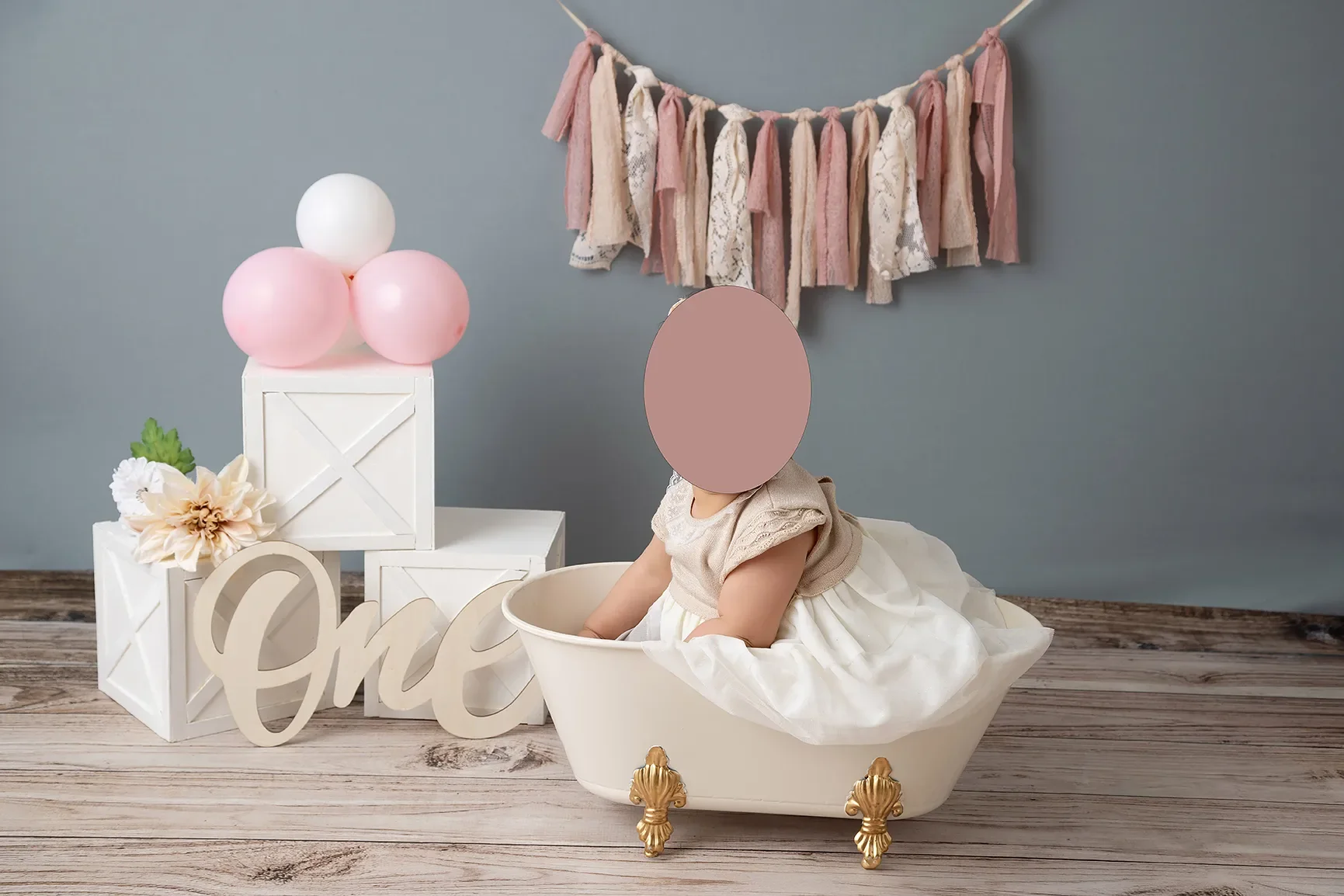 First Birthday photo of a girl in tub