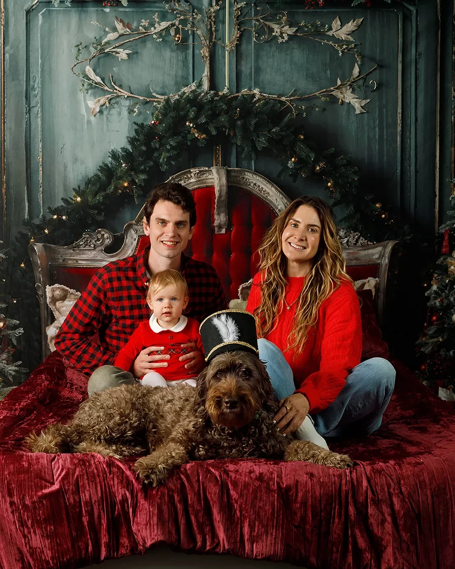 Baby's First Christmas Family Portrait with Parents and Dog