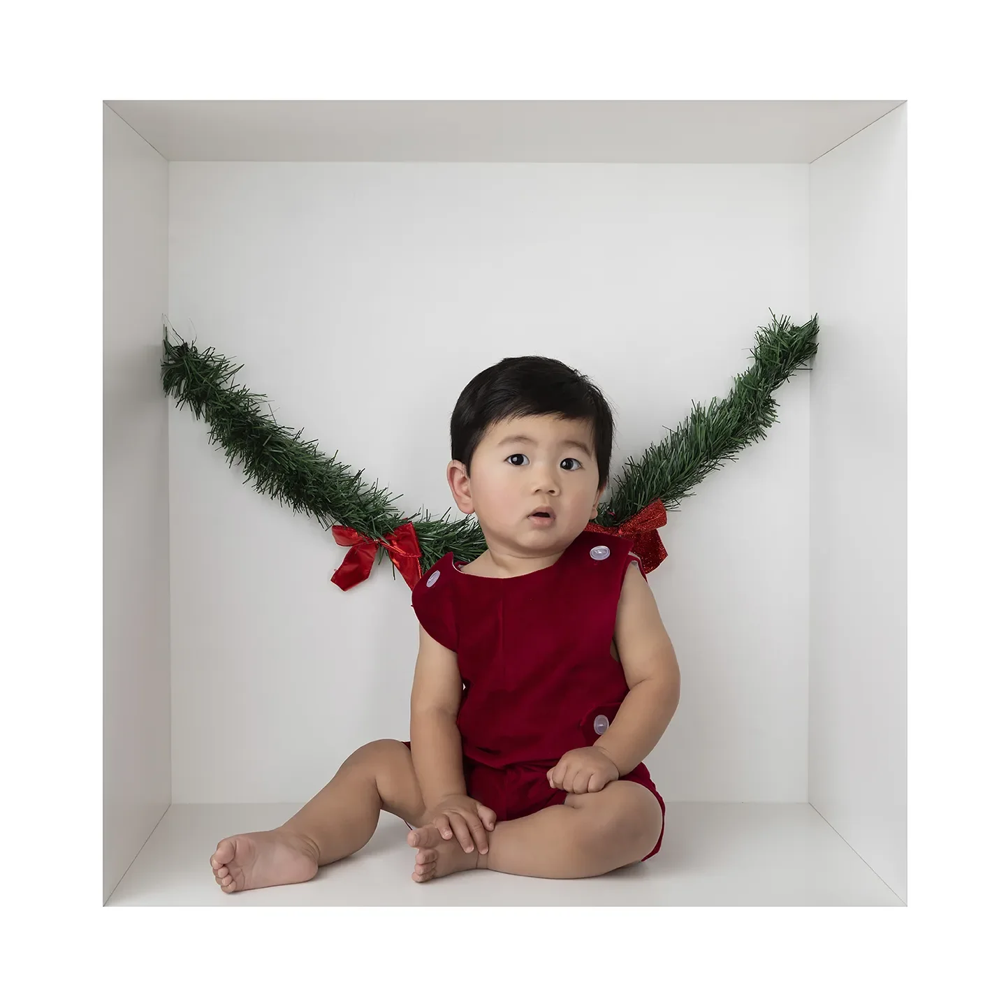 Baby in a Box Holiday Portrait with Evergreen Garland | Glendale Baby Photographer