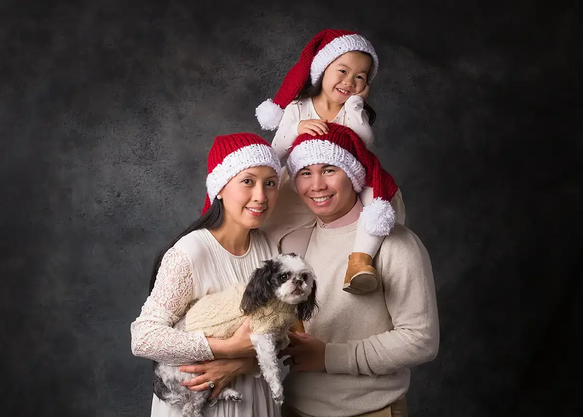 Family Christmas Portrait with Santa Hats | Los Angeles Holiday Photographer