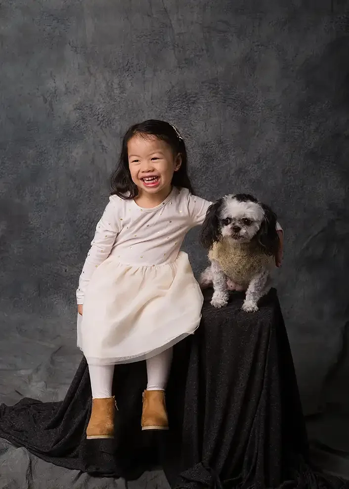 Child and Family Dog Holiday Portrait | Los Angeles Christmas Photographer