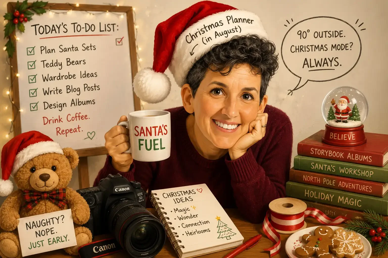 Caricature of Los Angeles holiday photographer Katie Katsenis planning Christmas photo sessions in August with a camera, teddy bear, Santa hat, holiday props and photography notes.