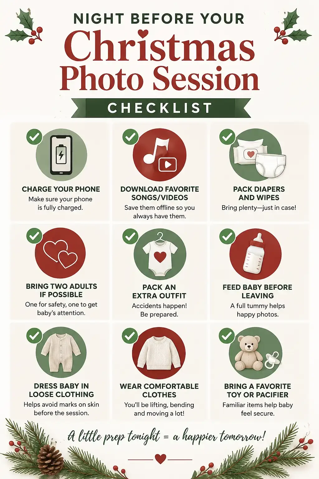 Infographic checklist for preparing a baby for a Christmas photo session, including tips to charge your phone, pack diapers, bring two adults, feed baby before leaving, dress baby in loose clothing, and bring a favorite toy or pacifier.