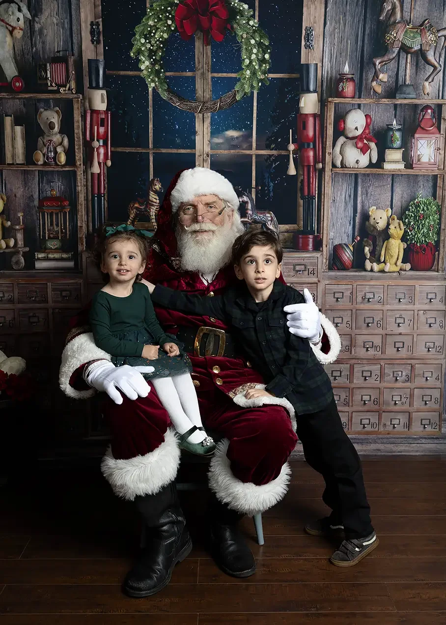 Toddler girl in a forest-green dress and older brother in a dark plaid jacket posing with Santa during a private Santa photo session in Los Angeles.