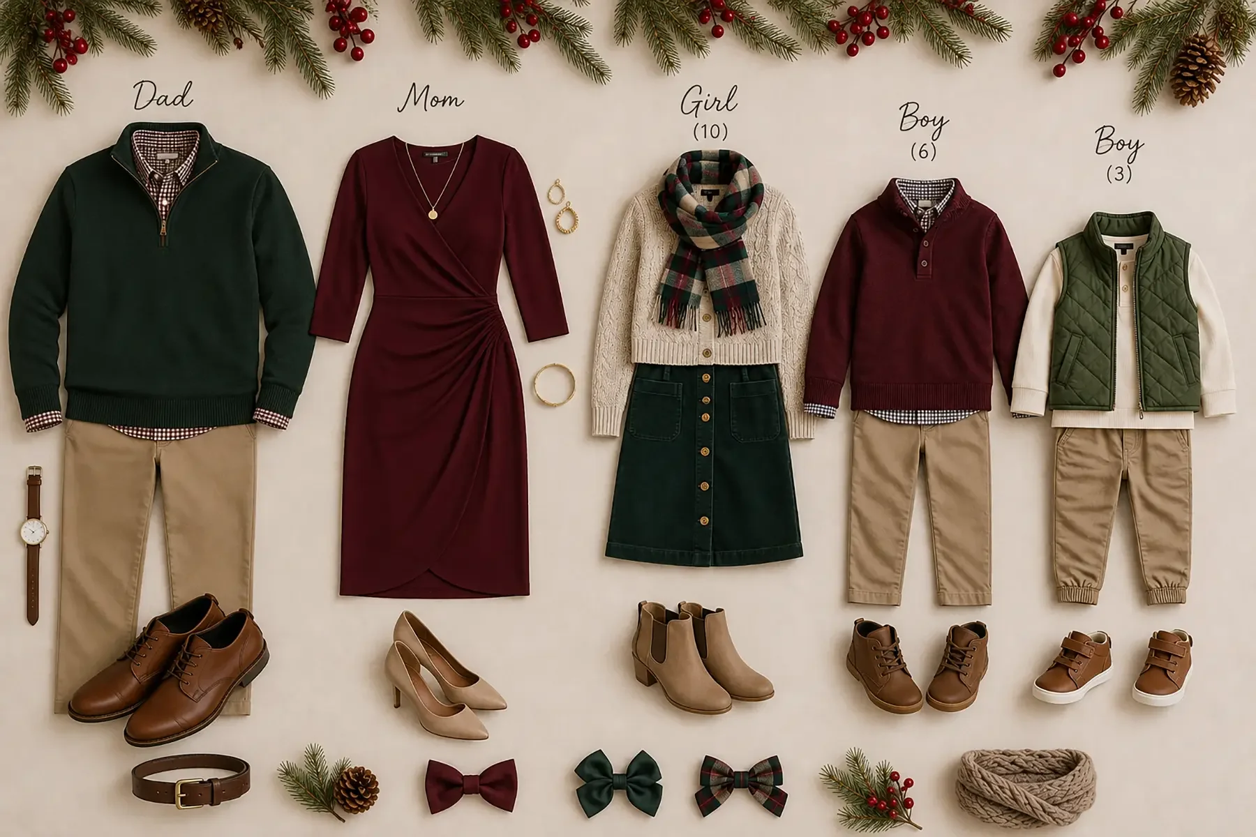 Flat lay of coordinated family holiday portrait outfits featuring marron, pine green, and khaki clothing for mom, dad, a 10-year-old girl, a 6-year old boy, and a 3 -year old boy with matching shoes and accessories for Christmas family photo ideas