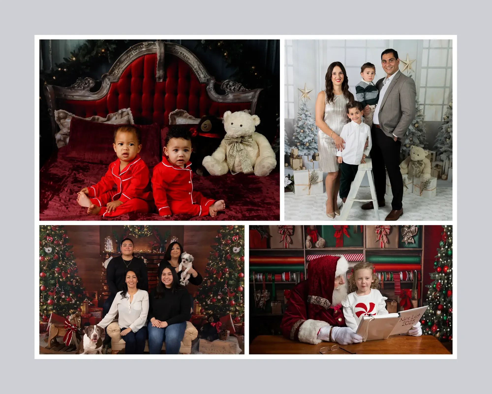 Los Angeles Christmas photo sessions featuring families, young children in holiday pajamas, and a child reading with Santa in festive studio settings.