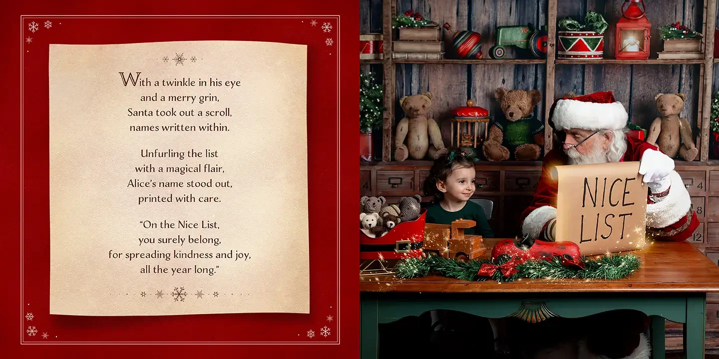 Personalized Santa Storybook spread featuring Santa showing a child their name on the Nice List alongside a custom Christmas story page from a private Santa photo experience in Glendale, California.