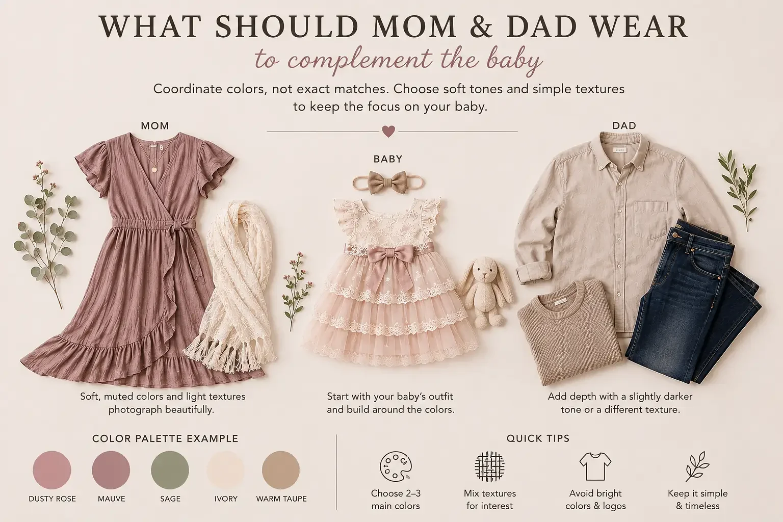 Flat lay of coordinated milestone photo outfits for Mom, Dad and a baby girl, featuring a frilly baby dress with dusty rose, mauve, ivory, sage and warm neutral clothing.