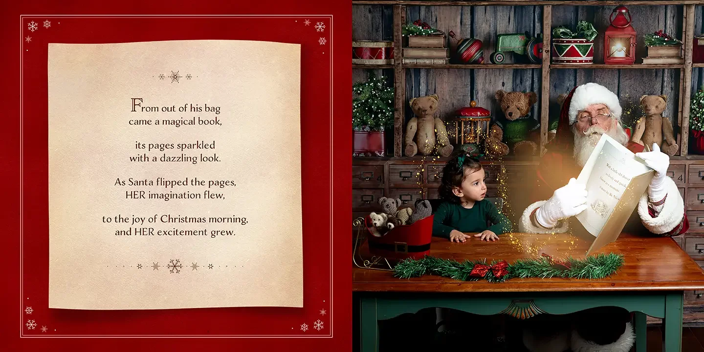 Personalized Santa Storybook spread featuring Santa reading a magical Christmas book with a child during a private Santa photo session in Glendale, California, alongside a custom story page.
