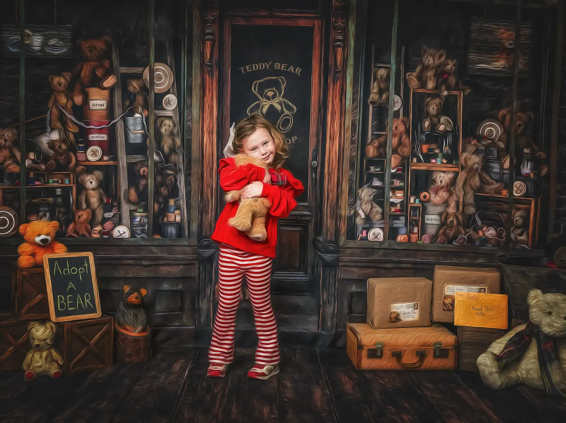 Girl hugging a teddy bear during a guided North Pole storybook Christmas photography experience for kids in Los Angeles.