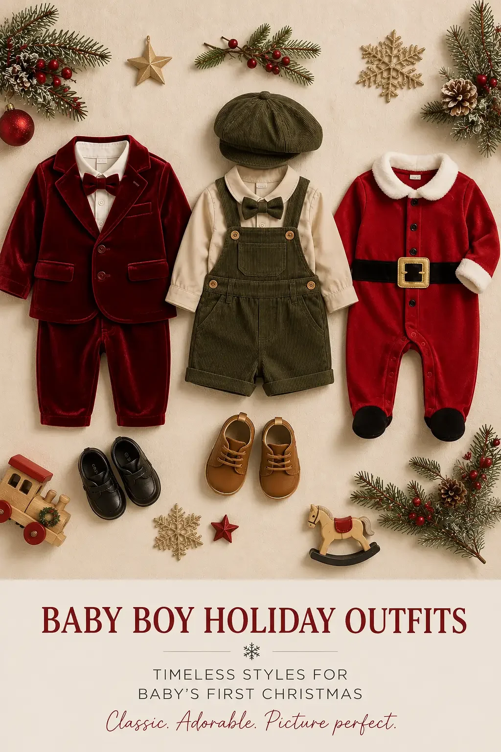 Flat lay of classic baby boy holiday outfits including a velvet suit, vintage overalls with a newsboy hat, and a Santa romper for Baby's First Christmas portraits in Glendale, Pasadena, Burbank, and Los Angeles.