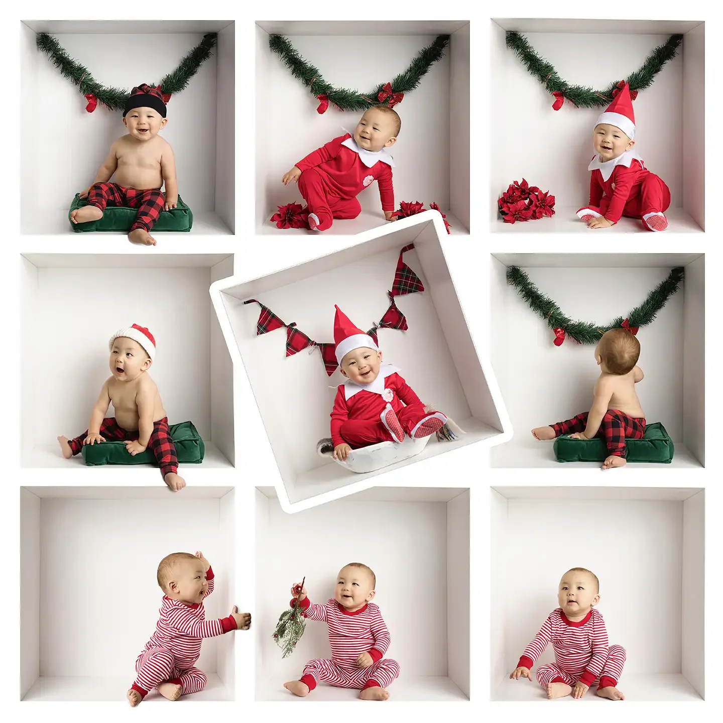 A collage of a sitting baby in different holiday outfits in a Glendale photo studio