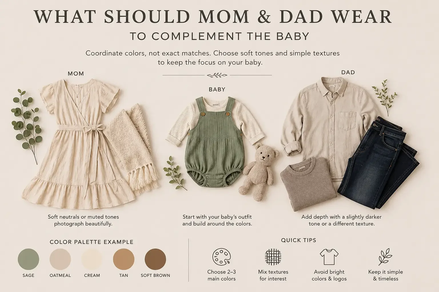 Flat lay showing coordinated clothing for Mom, Dad and baby in sage, cream, oatmeal, tan and soft brown for a baby milestone photo session.
