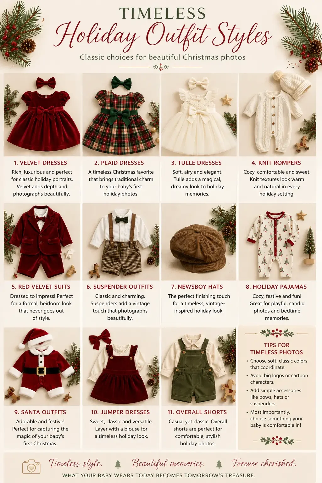 an infographic that shows many types of outfits for baby's first Christmas photos. Los Angeles Glendale