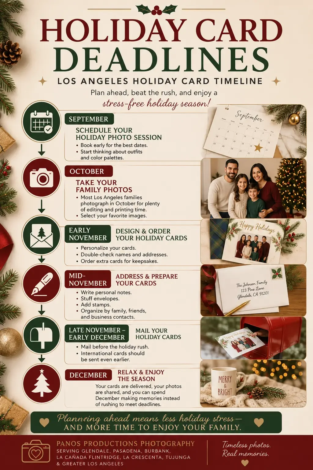 Los Angeles holiday card timeline showing when families should schedule September photos, take portraits in October, order cards in early November, address them in mid-November and mail them by early December