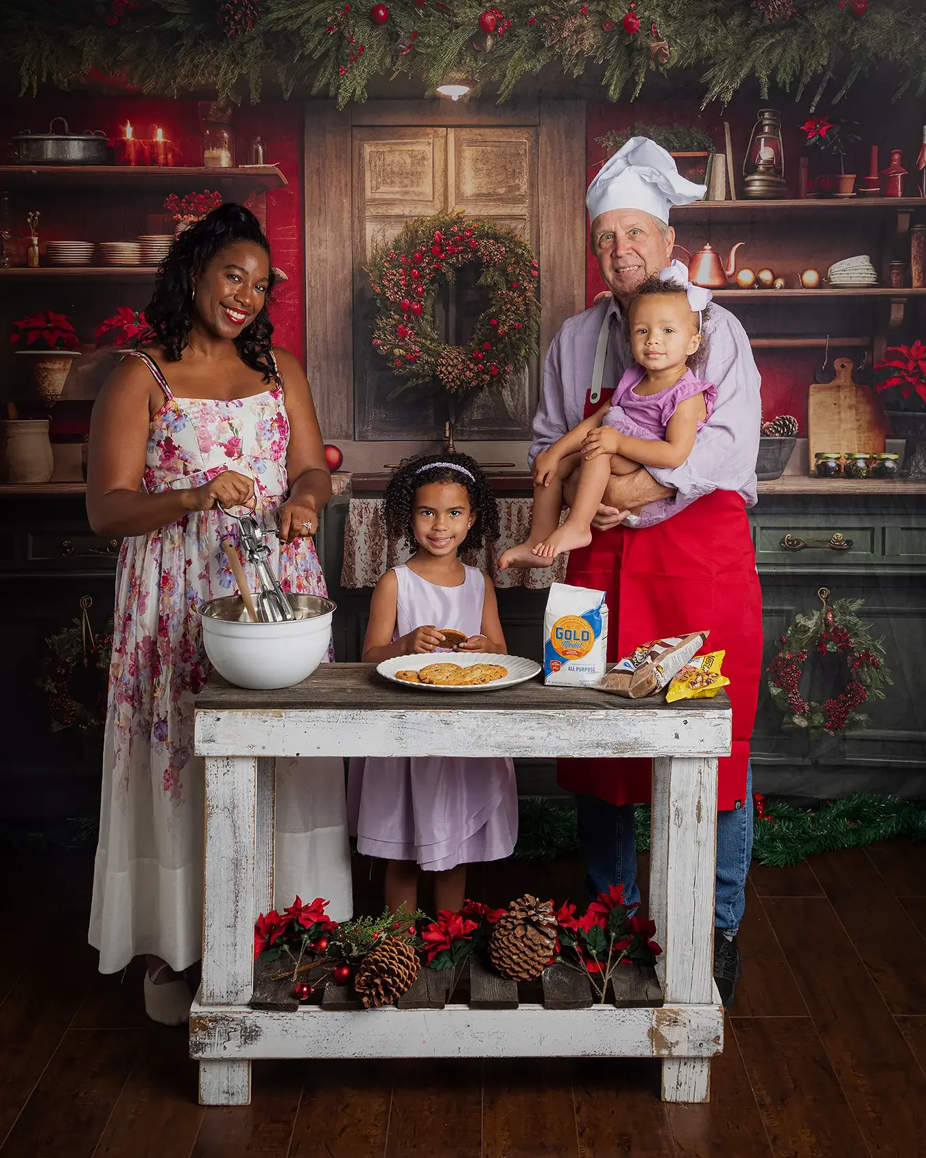 Multigenerational family baking cookies with two young girls in a decorated Christmas kitchen during a Los Angeles holiday photo session.