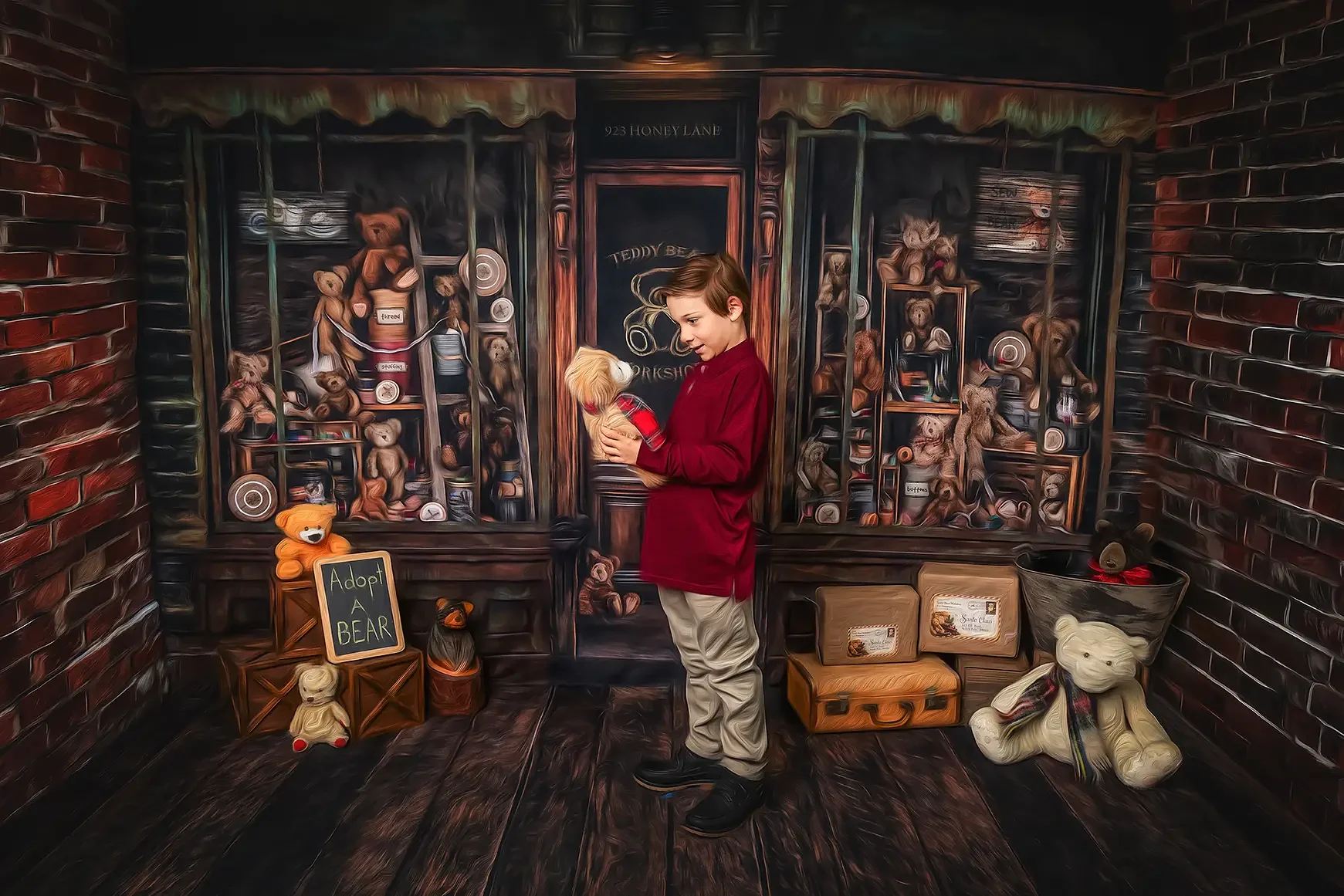 Boy choosing a teddy bear from a Christmas Teddy Bear Workshop during a storybook photography experience for kids in Los Angeles.