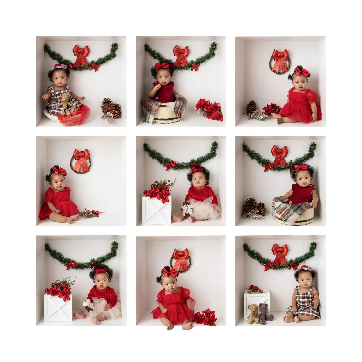 Baby in a white box wearing cute holiday outfits in a studio in Glendal