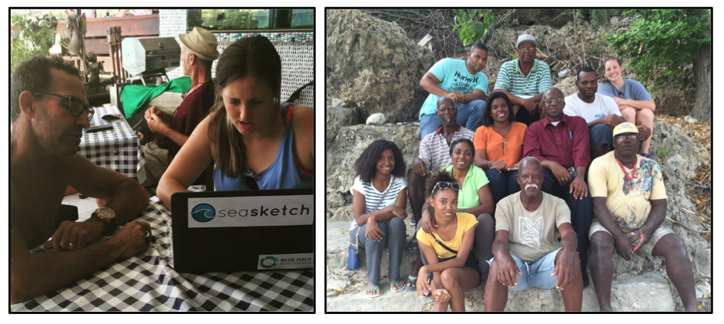 (Left) Bess Ruff conducts an Ocean Use Survey. (Right) Group Photo at a fishers meeting. 