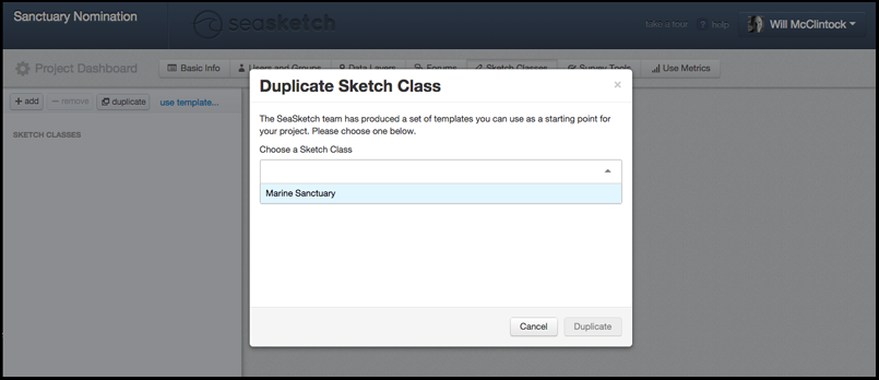 Duplicating the Marine Sanctuary sketch to another SeaSketch project. 