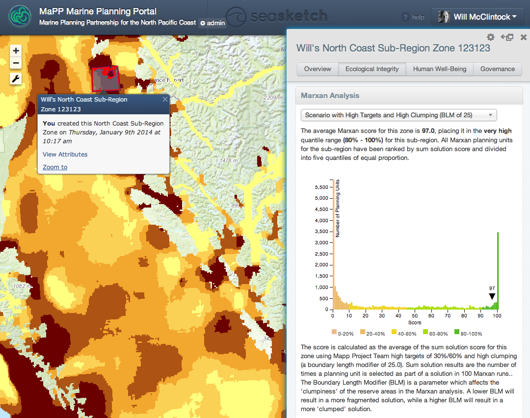 Marxan output displayed as map layer and analyzed in a report.