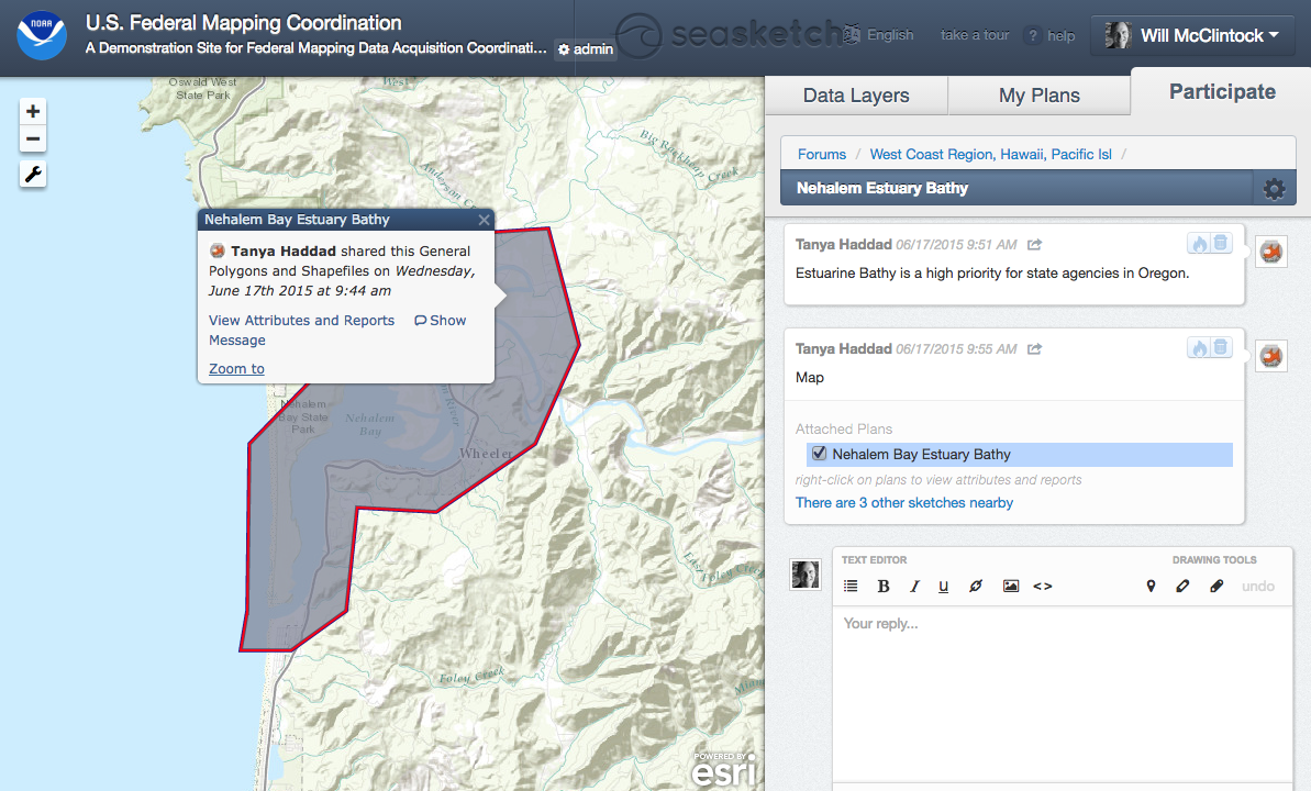 Tanya Haddad, with the Oregon Coastal management Program, has shared a polygon in a discussion forum. Note that her message includes a link that says, "There are 3 other sketches nearby."