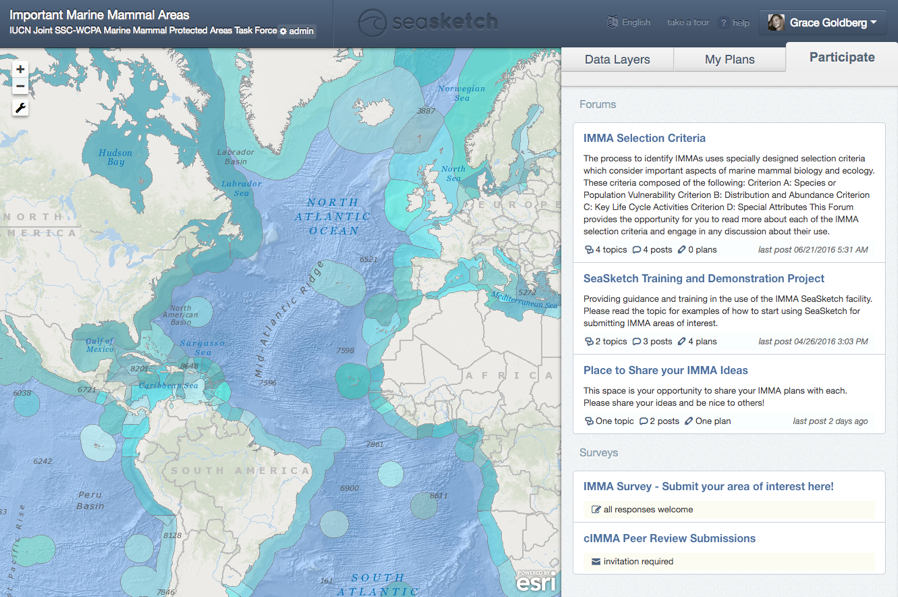SeaSketch accessible GIS interface (EEZ layer shown), with map-based discussion forums and surveys to support collaborative process.