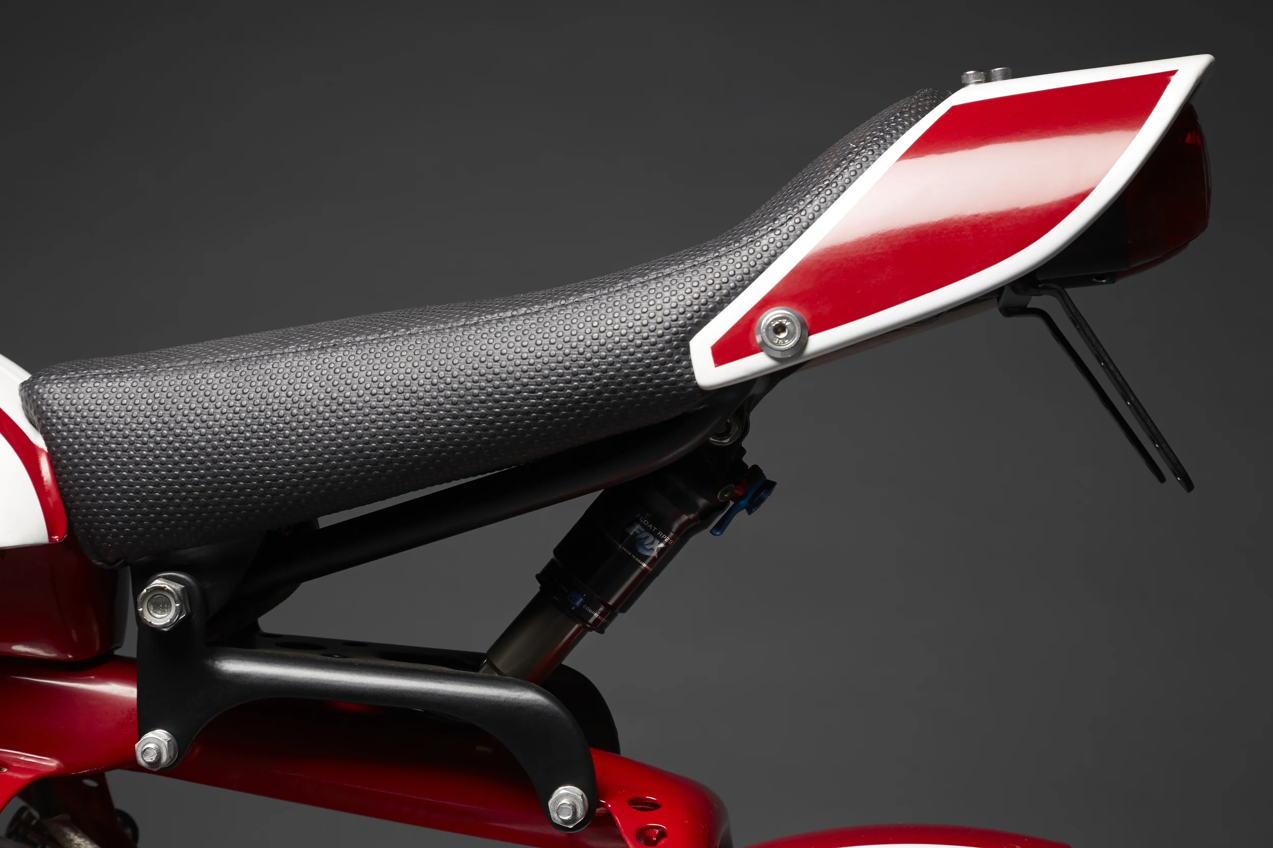 Fully adjustable Fox Float mountain bike shock under the seat