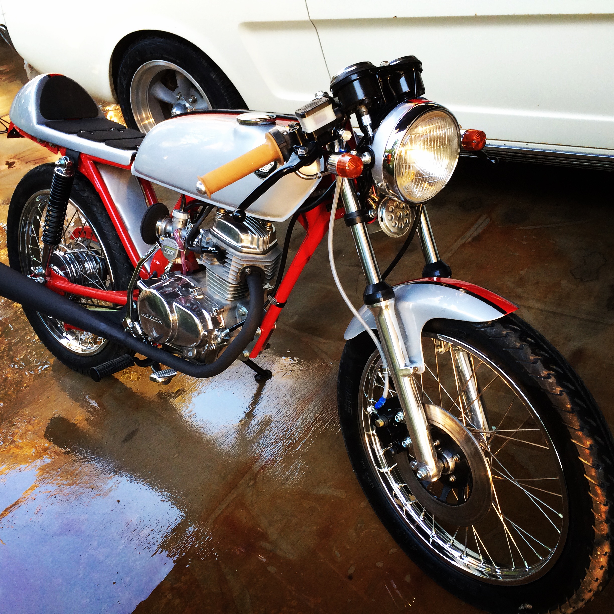 After restoration/modification. An 82cc Kitaco Cylinder and piston. Takegawa intake and Keihin 24mm carb kit were added. New spokes, rims, wheel bearings, brake pads, and seals, master cylinder and caliper restoration, fork rebuild all using NOS Honda parts sourced from the Netherlands. Build thread: Honda CB50J cafe CY50, XR50, XR75