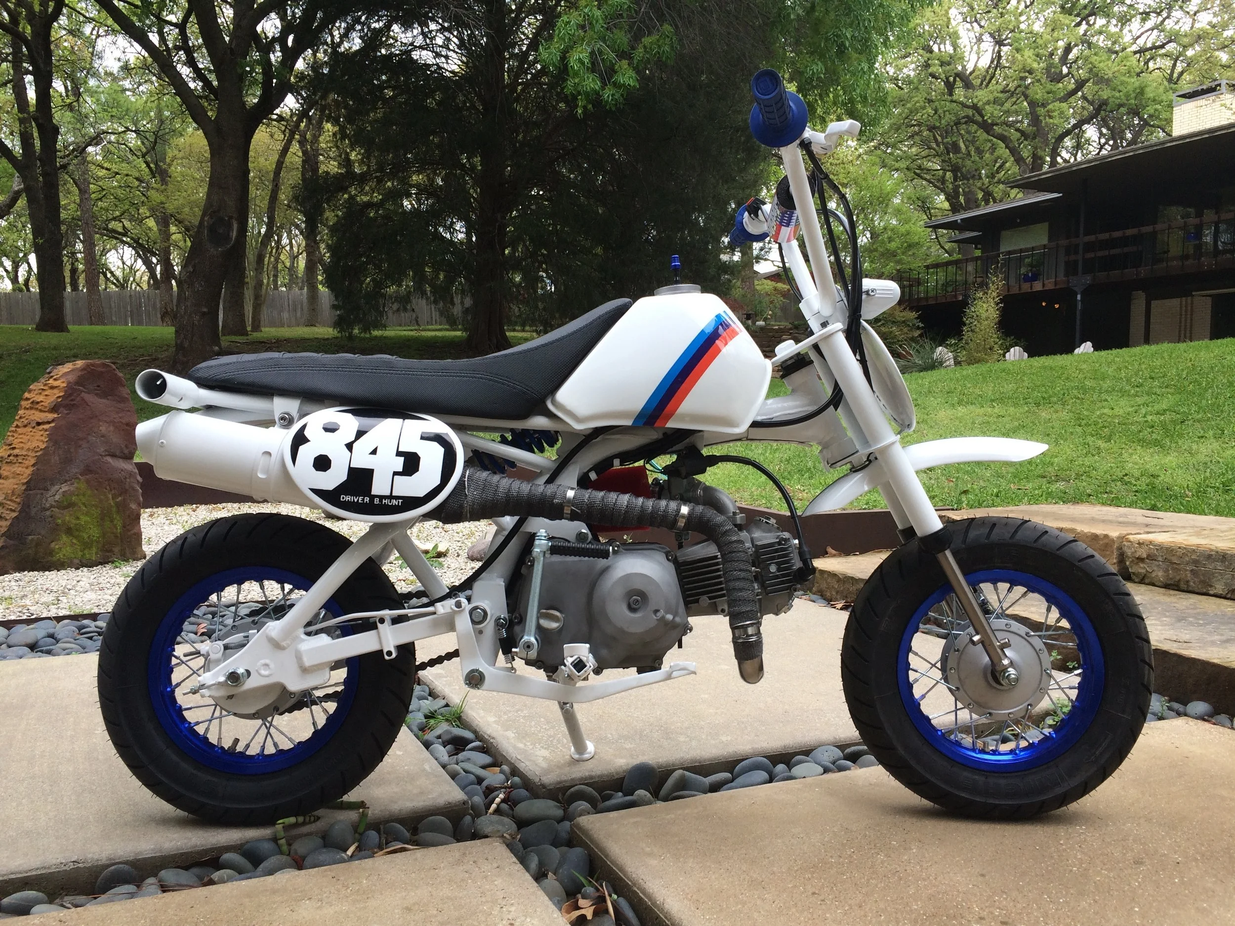  My buddy Brian Hunt commissioned this bike to be ridden in events with The World Famous Wheelie-ing Elvi, a group of Elvis impersonators on minibkes. Built from a CRF50 frame and engine, the rear of the frame underwent a bit of chopping and addition