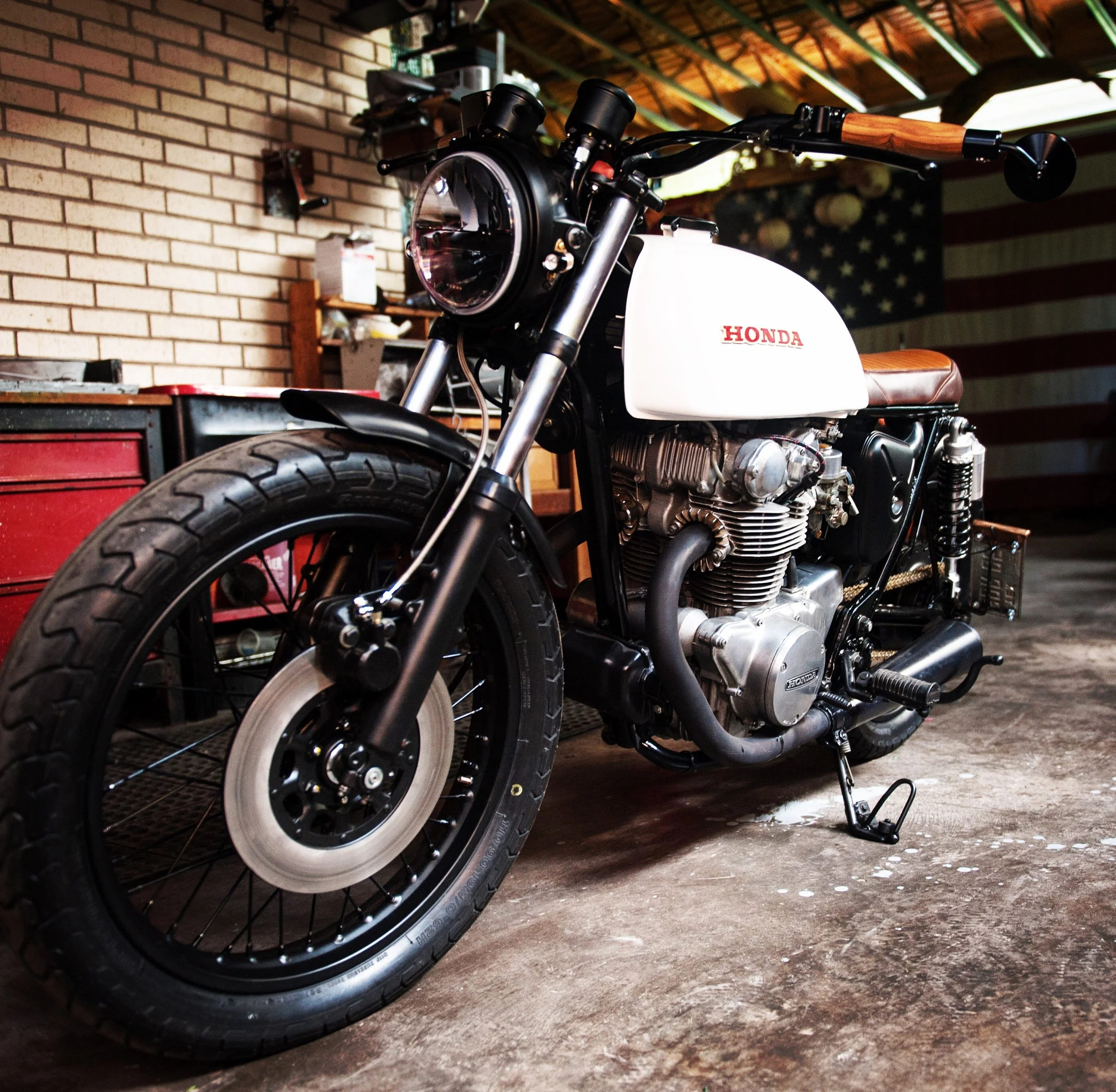  Racetech Gold-Valve emulators were used to update the forks. New master cylinder, levers, hydraulic hose and fresh caliper seals sorted out the front brake. An LED Jeep headlight is significantly brighter than the stock unit. 