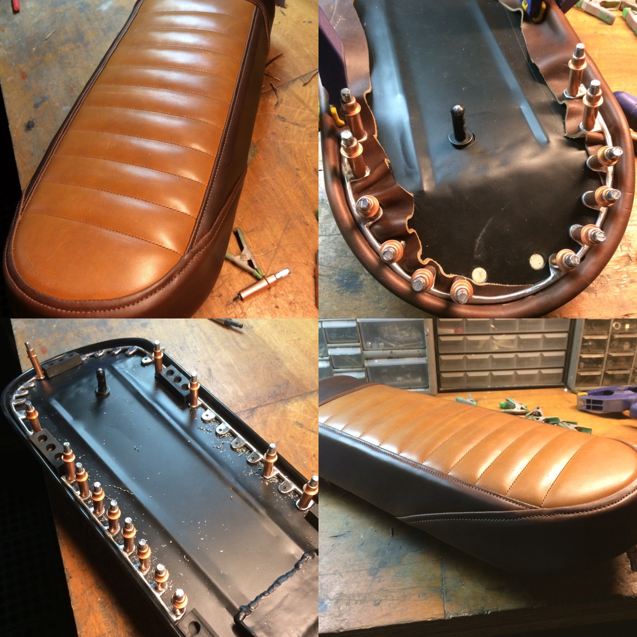 Since the seat cover was so nice, I made small brackets to hold the edges down, held in place by rivets.