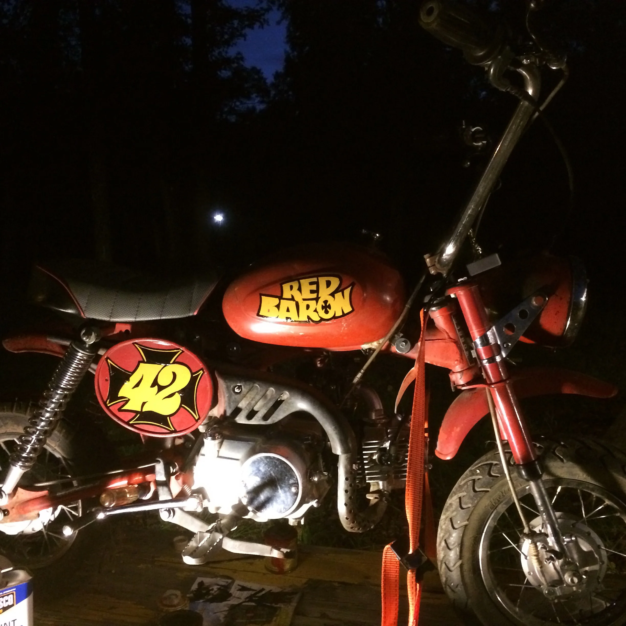  The night Alton Gillespie painted Ben’s tank and number plates out in East Texas at the Land of the Pines Norton Rallye. 