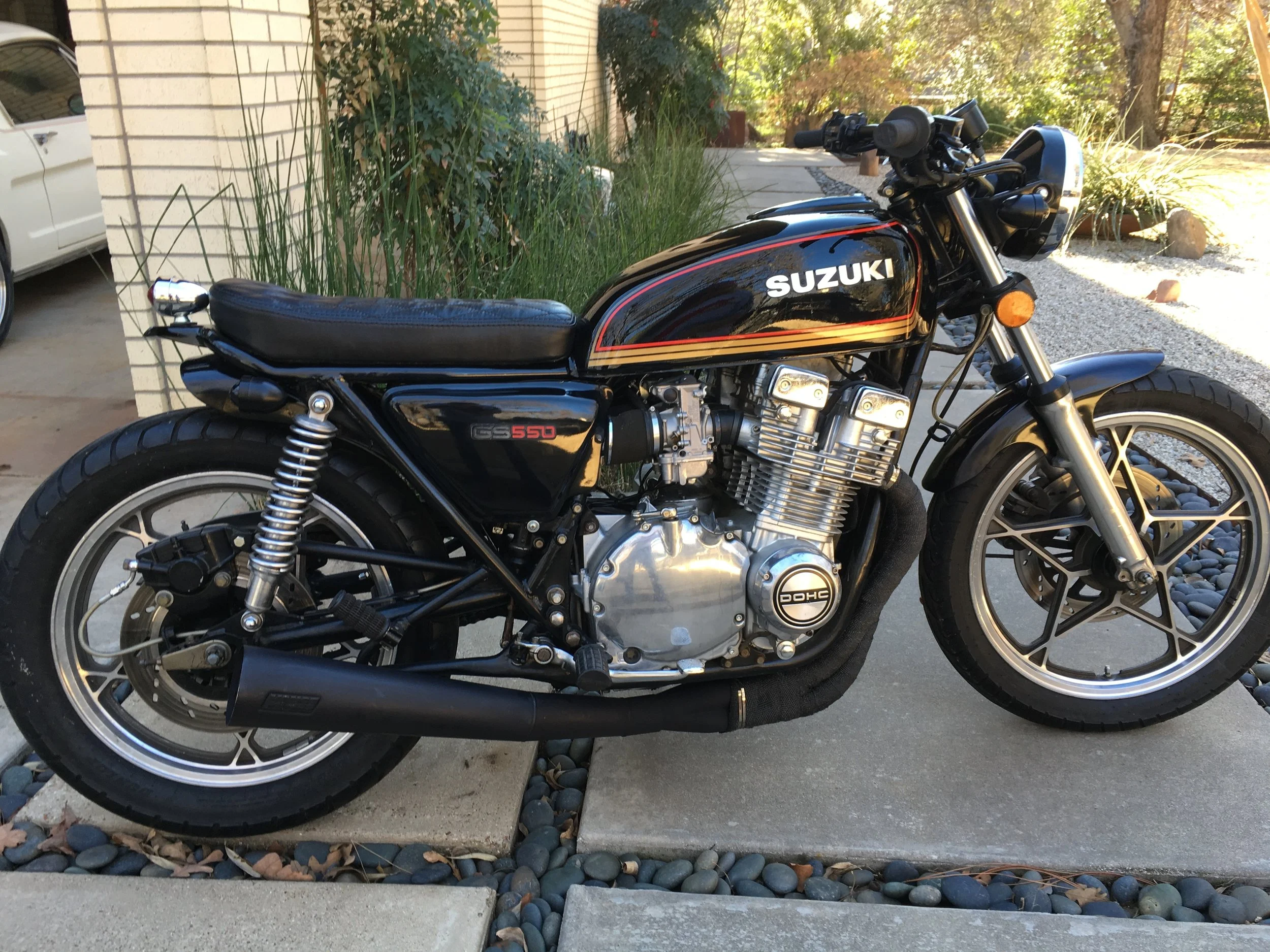   The 1978 GS550 after a new rear loop and seat were put on. The original fenders have been bobbed and repainted. The original paint was dulled and had small scratches, but buffed out so well, a future paint job was called off. 
