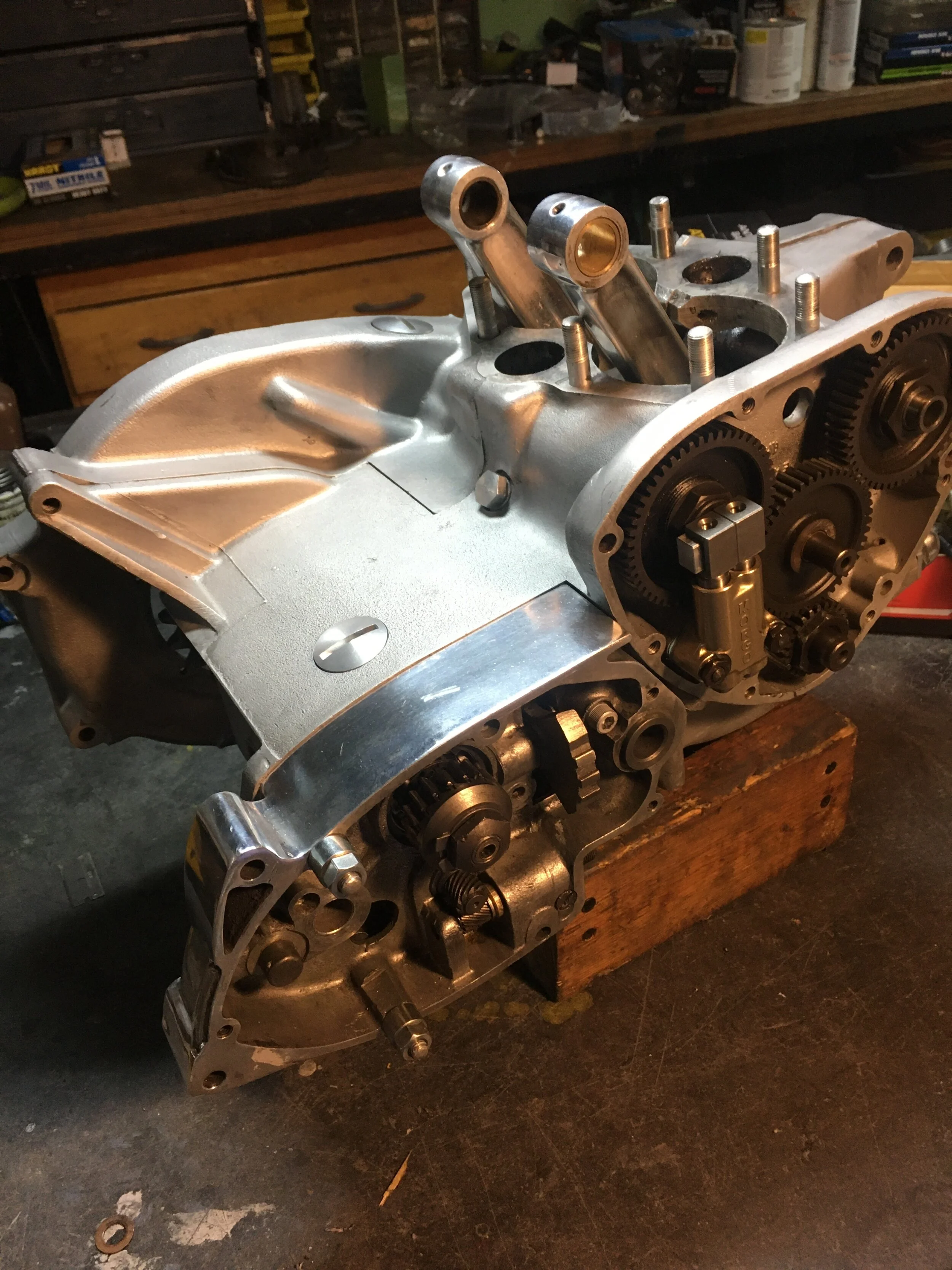  All bearings, bushings, seals, sprockets, chains, and gaskets were replaced in the engine and tranny. The crank was turned.010” and balanced as an assembly with the pistons. All new cams, followers, and tappet blocks were used. A “half race” cam set