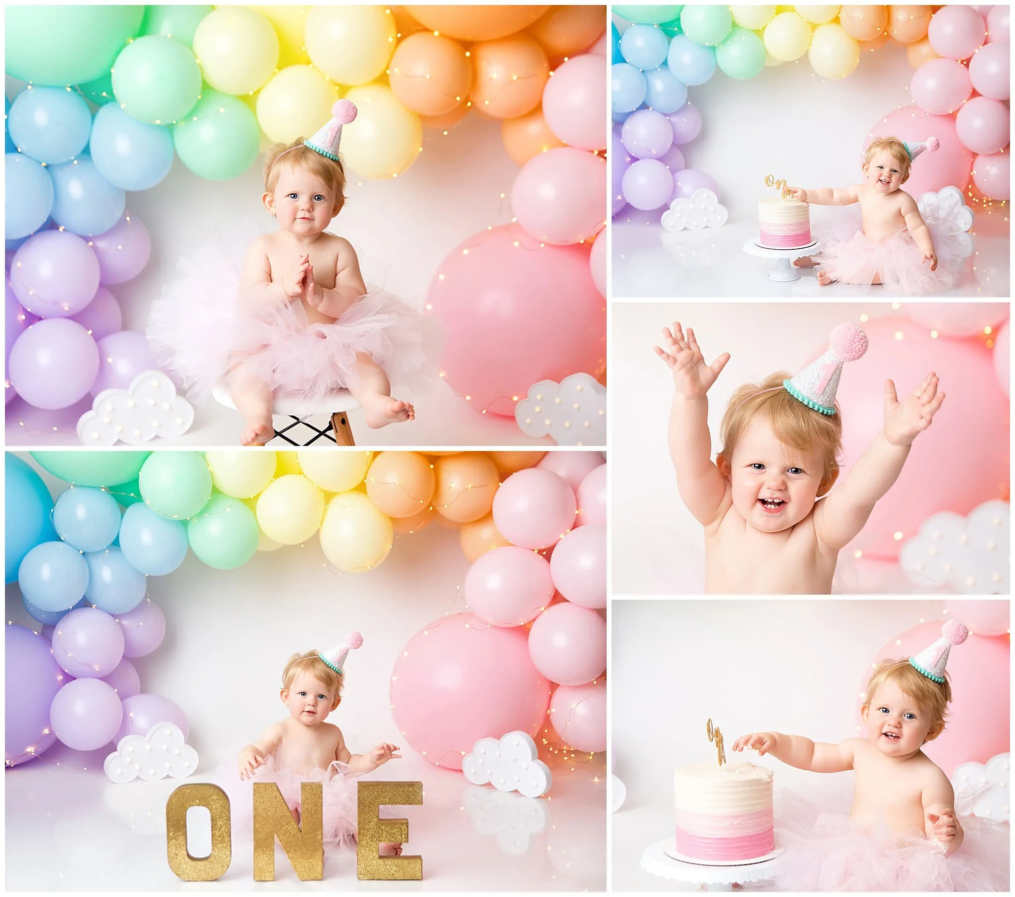  Baby girl smashing cake under a rainbow of pastel colored balloons. 