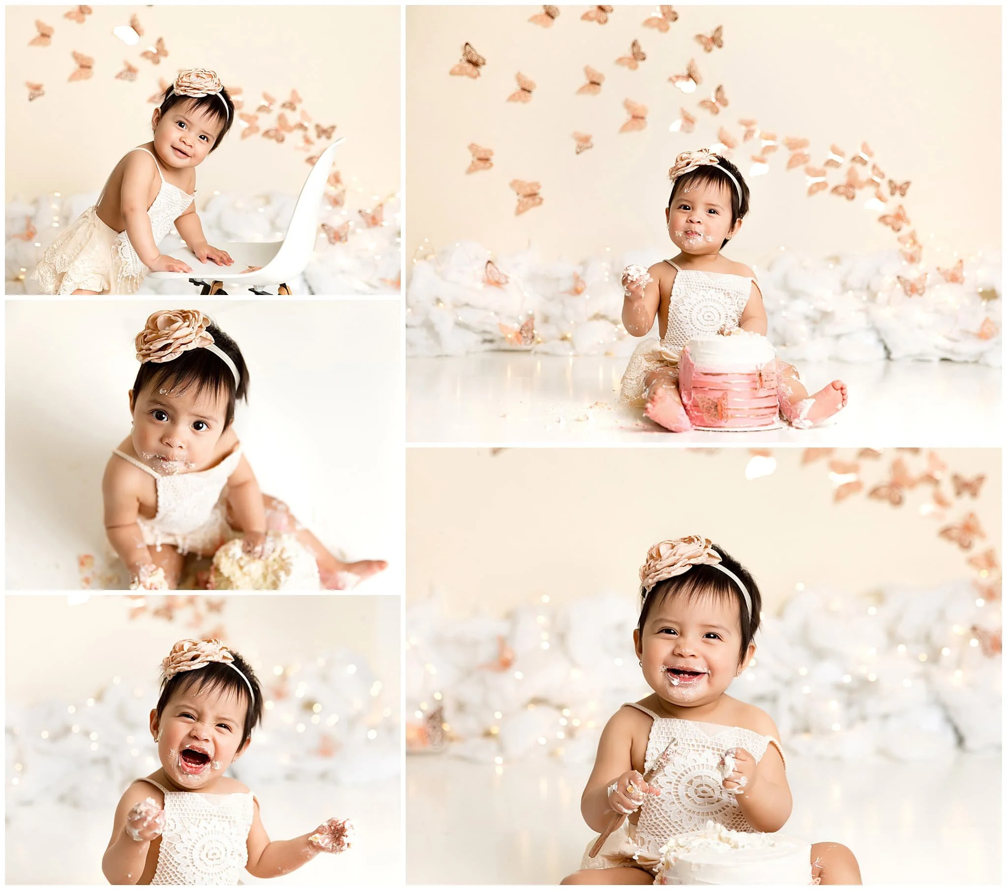  One-year-old girl celebrating first birthday with a rose-gold butterfly theme 
