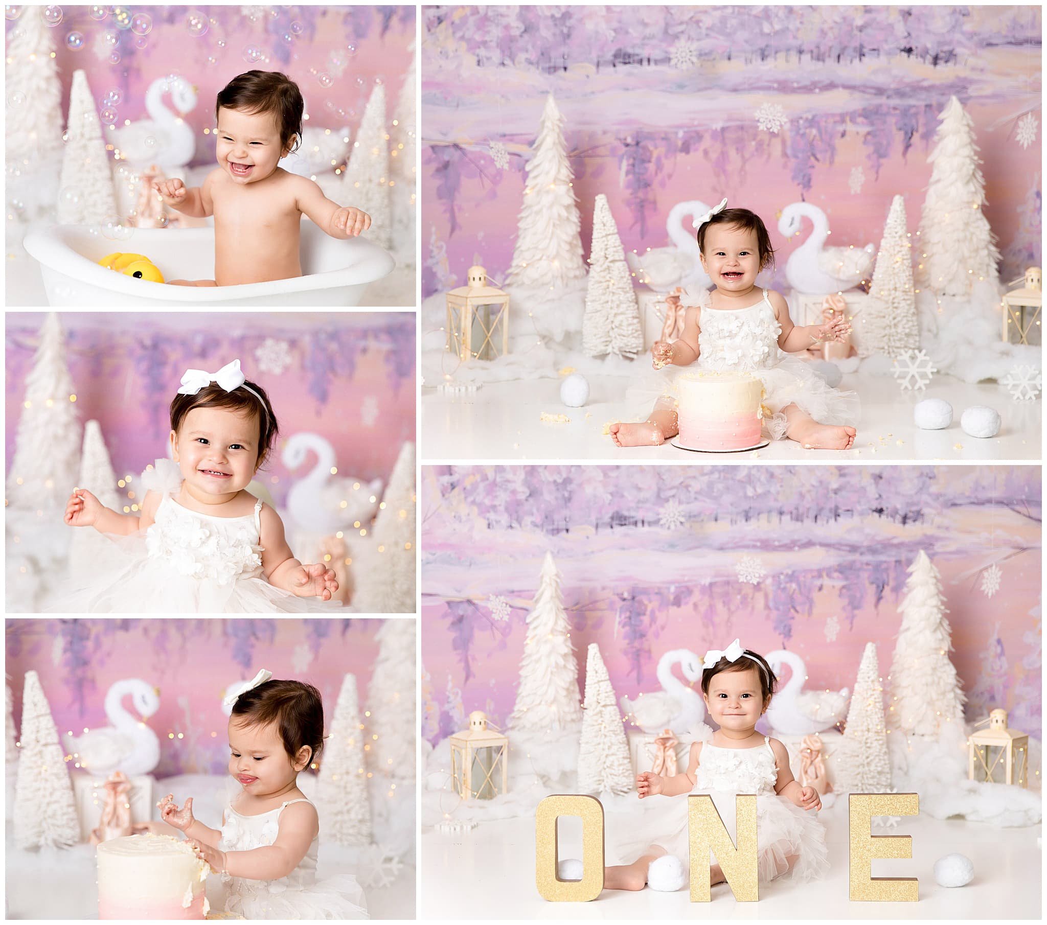  Winter wonderland theme for a baby girl’s first birthday cake smash 