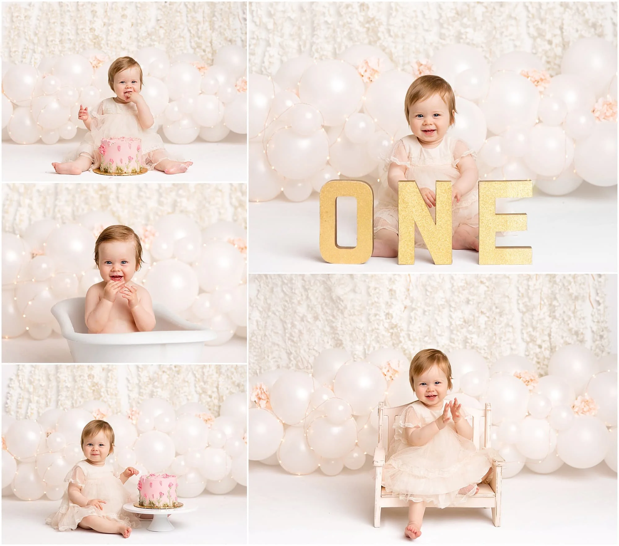 Minimalist white textured set with flowers and balloons for first birthday celebration 