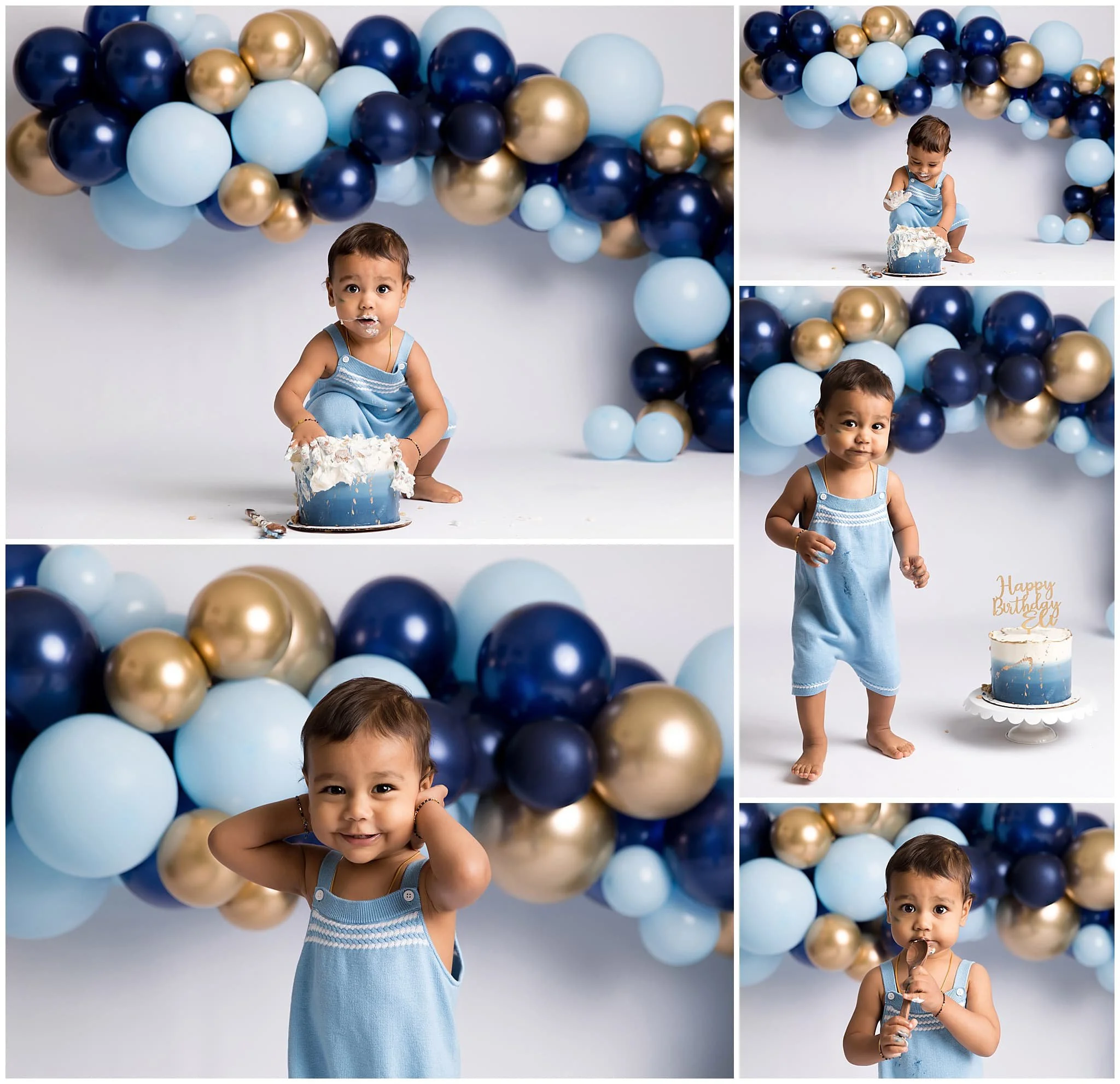  One year old enjoying cake smash with gold, and light and dark blue balloons 