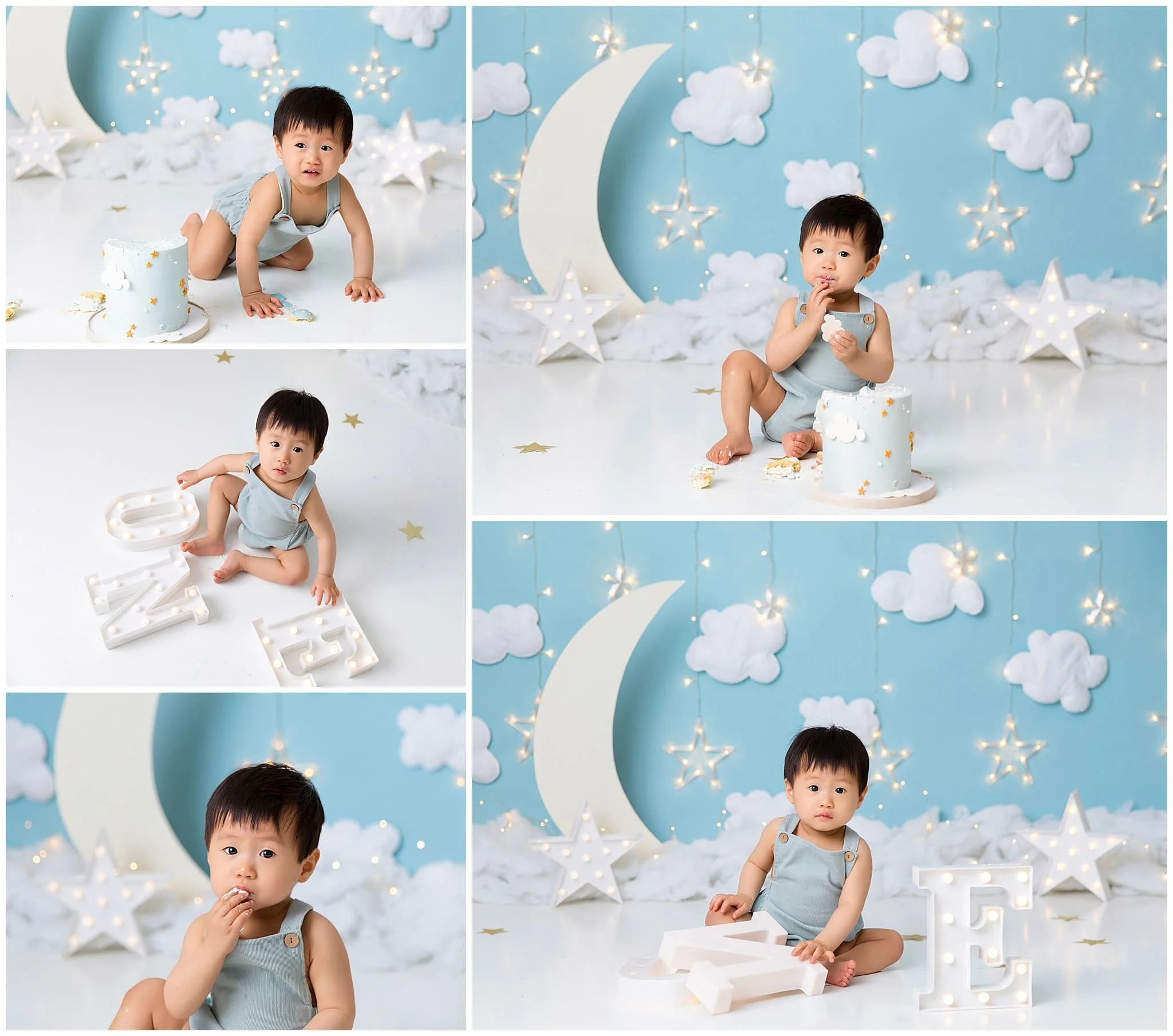  Soft blue sky theme with clouds, moon and stars is the backdrop for this sweet baby boy 