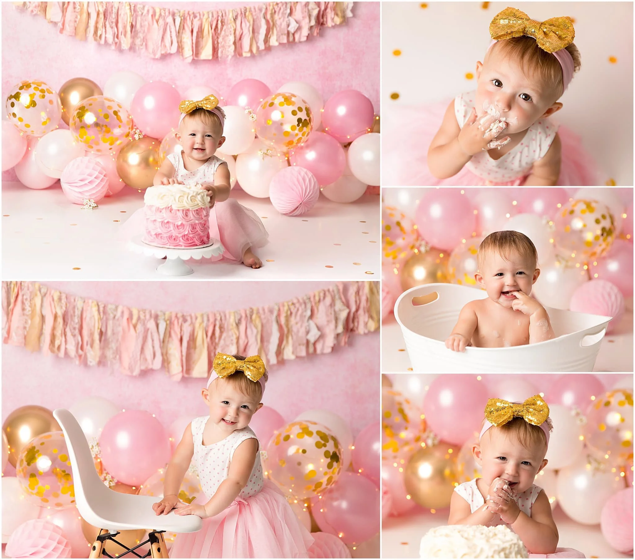  Celebratory set with soft pinks, golds and whites for baby girl to enjoy her cake and splash bath 